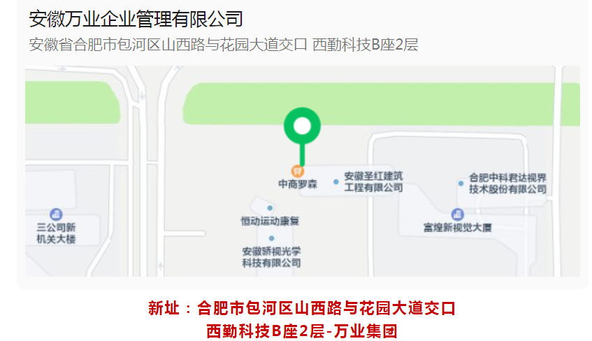 新址：合肥市包河區(qū)山西路與花園大道交口-西勤科技B座2層-萬(wàn)業(yè)集團(tuán)