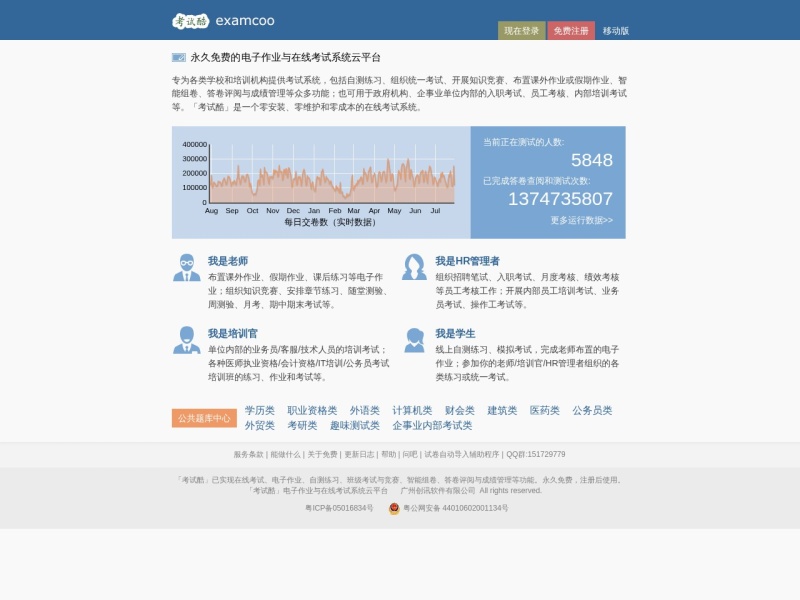 考试酷(examcoo)-永久免费的电子作业与在线考试系统云平台
